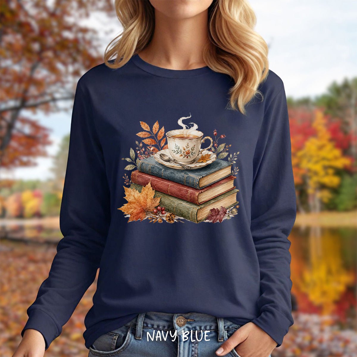 Autumn Cozy Books & Teacup Long Sleeve Tee