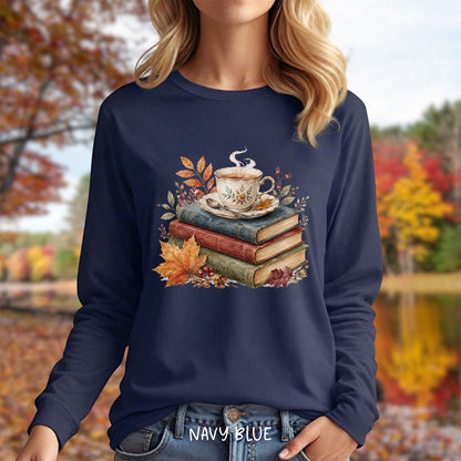 Autumn Cozy Books & Teacup Long Sleeve Tee