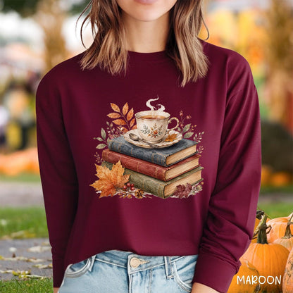 Autumn Cozy Books & Teacup Long Sleeve Tee