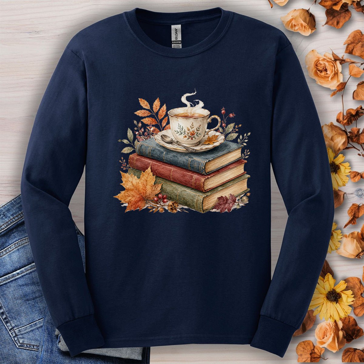 Autumn Cozy Books & Teacup Long Sleeve Tee