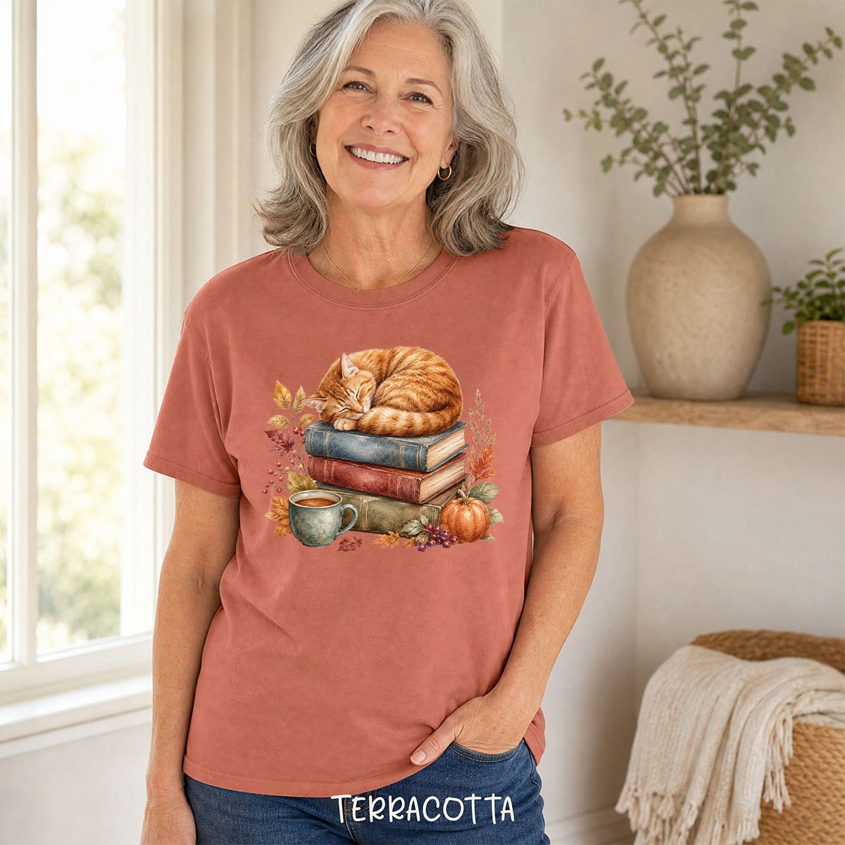 Autumn Tabby Cat & Books T-Shirt