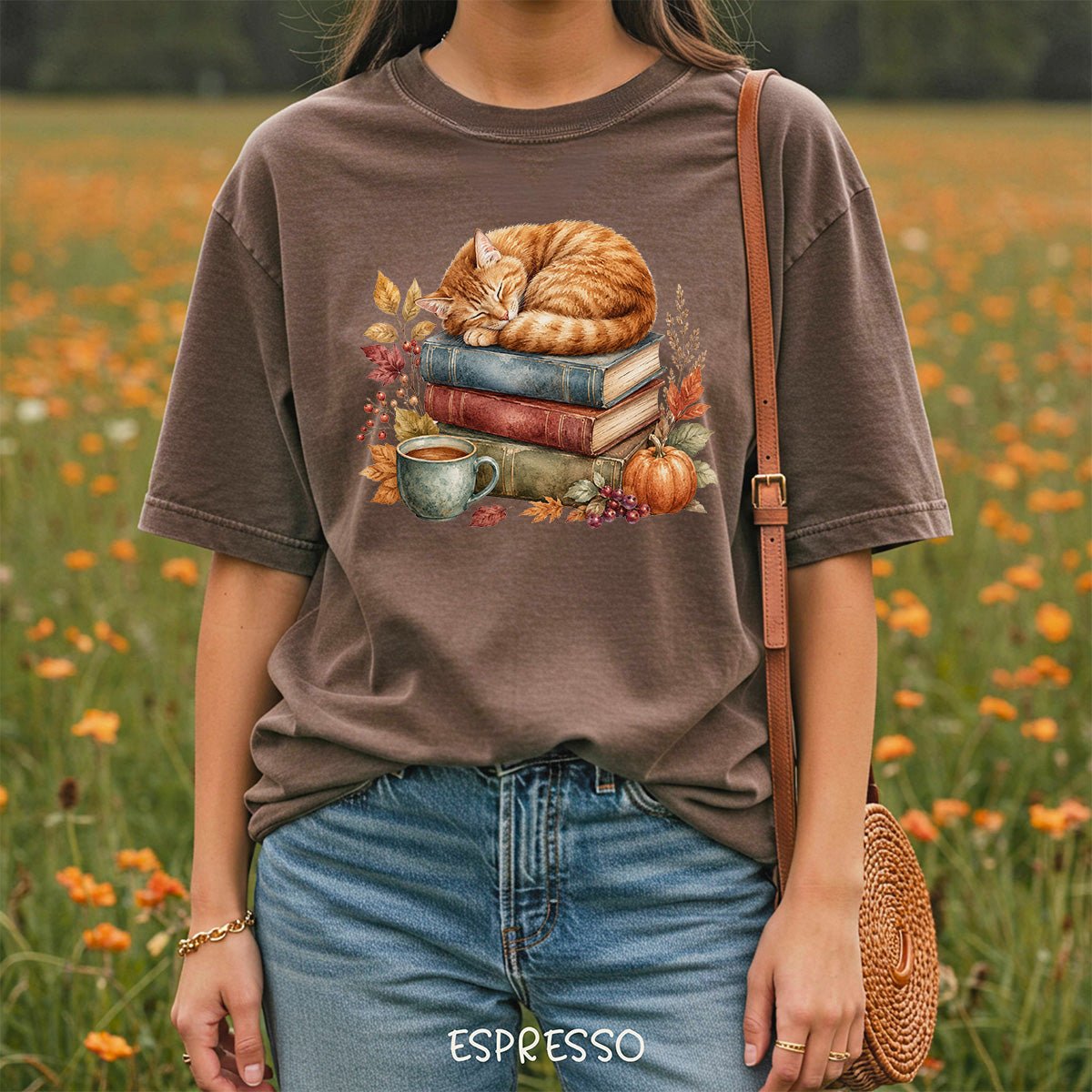 Autumn Tabby Cat & Books T-Shirt