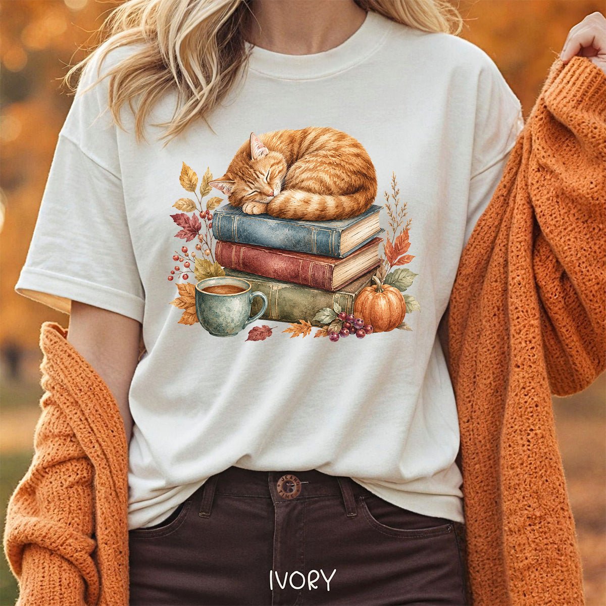 Autumn Tabby Cat & Books T-Shirt
