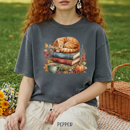 Autumn Tabby Cat & Books T-Shirt