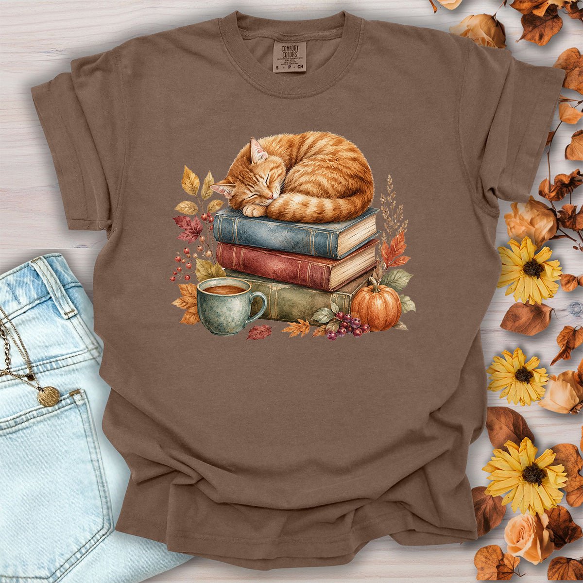 Autumn Tabby Cat & Books T-Shirt