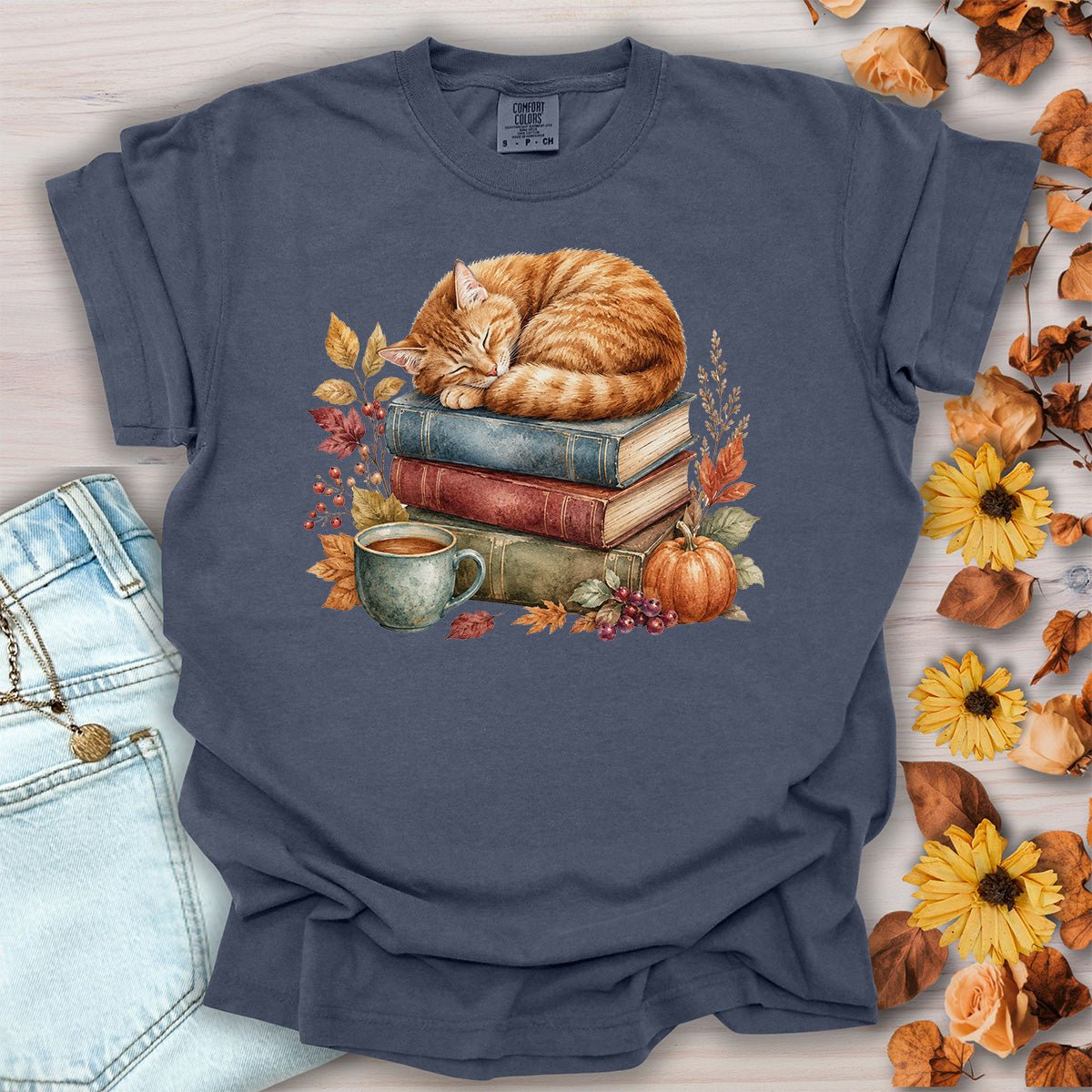 Autumn Tabby Cat & Books T-Shirt