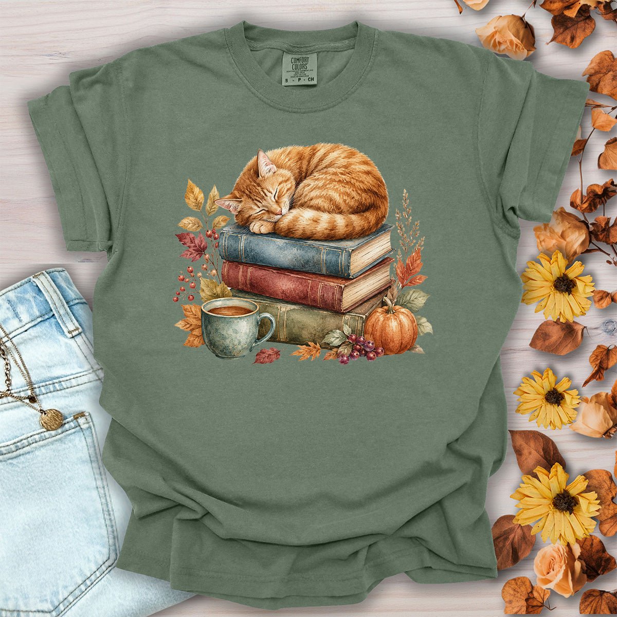 Autumn Tabby Cat & Books T-Shirt