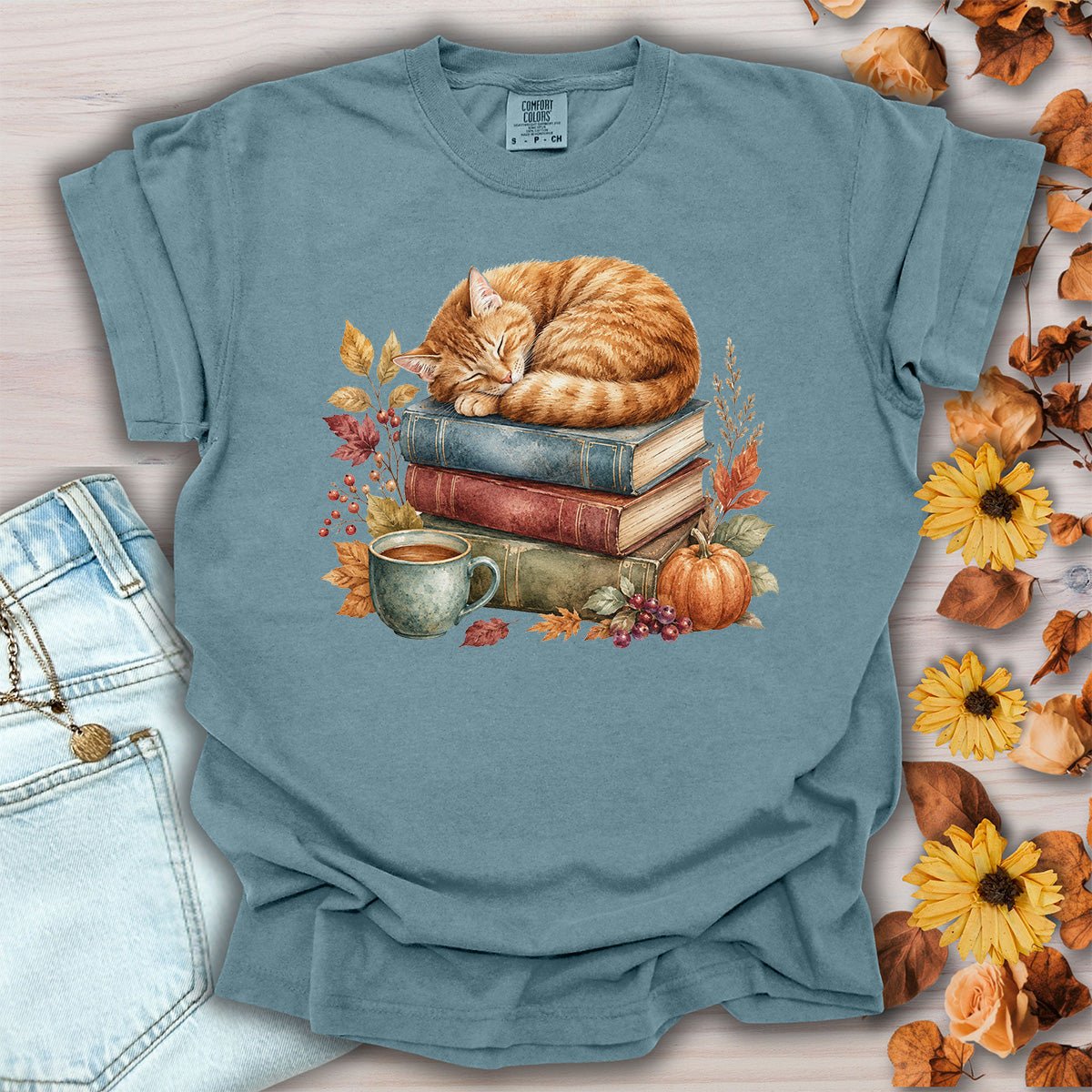 Autumn Tabby Cat & Books T-Shirt