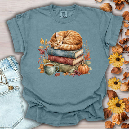 Autumn Tabby Cat & Books T-Shirt