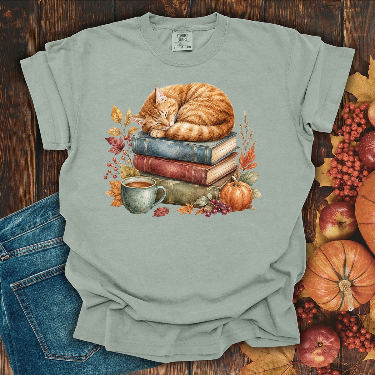 Autumn Tabby Cat & Books T-Shirt