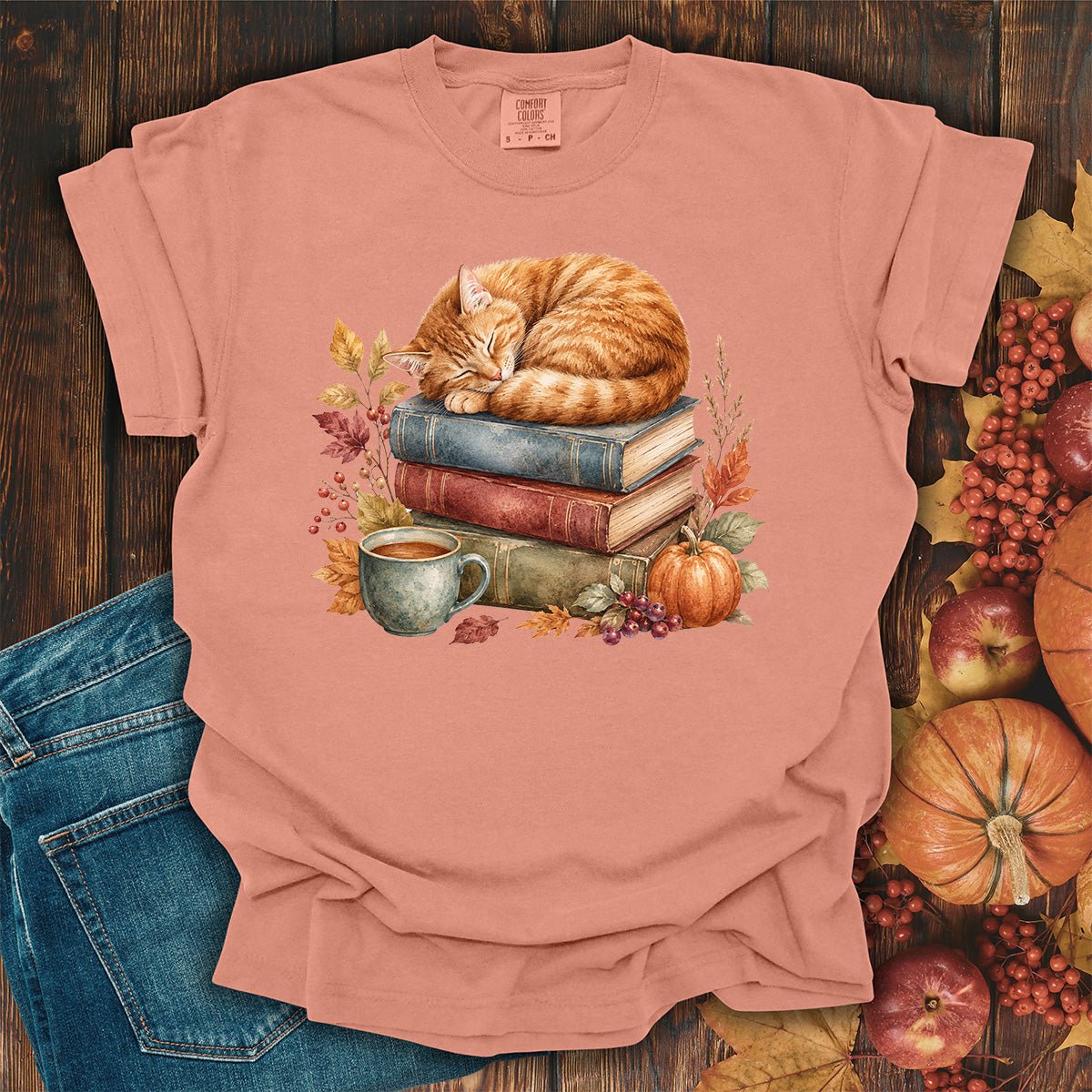 Autumn Tabby Cat & Books T-Shirt