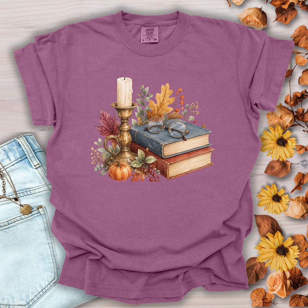 Vintage Autumn Books & Candle T-Shirt