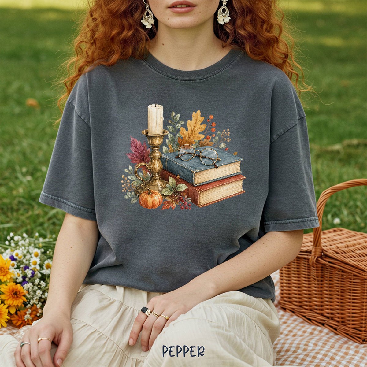 Vintage Autumn Books & Candle T-Shirt