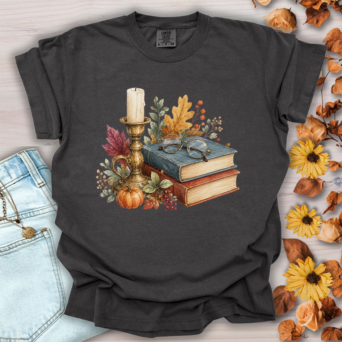 Vintage Autumn Books & Candle T-Shirt