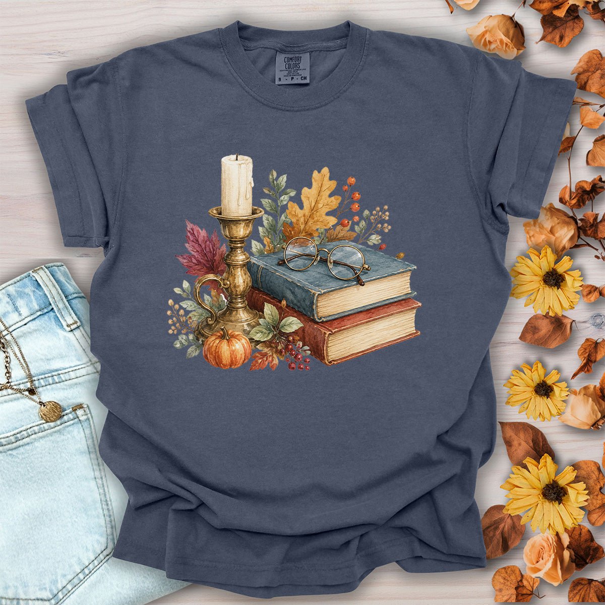 Vintage Autumn Books & Candle T-Shirt