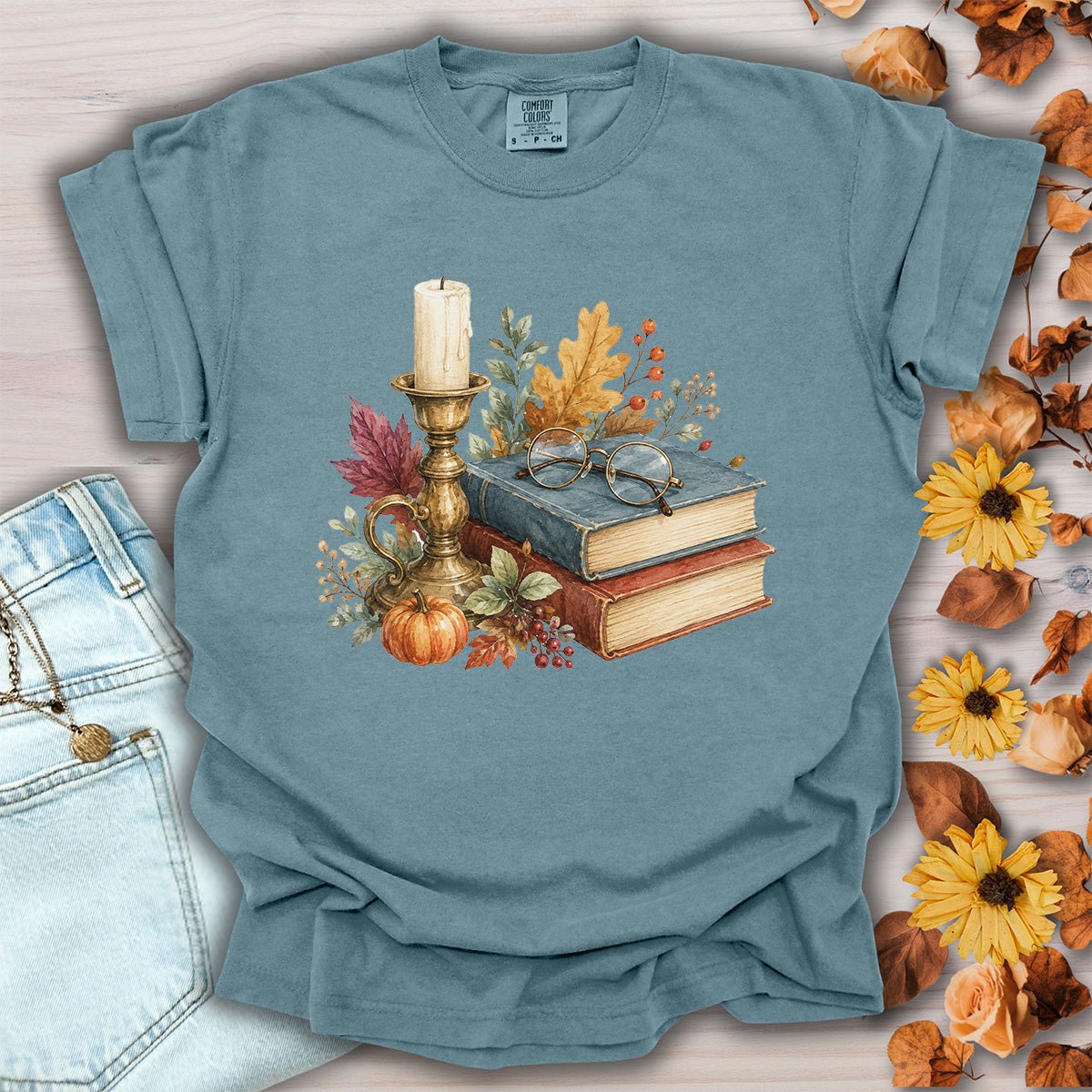 Vintage Autumn Books & Candle T-Shirt