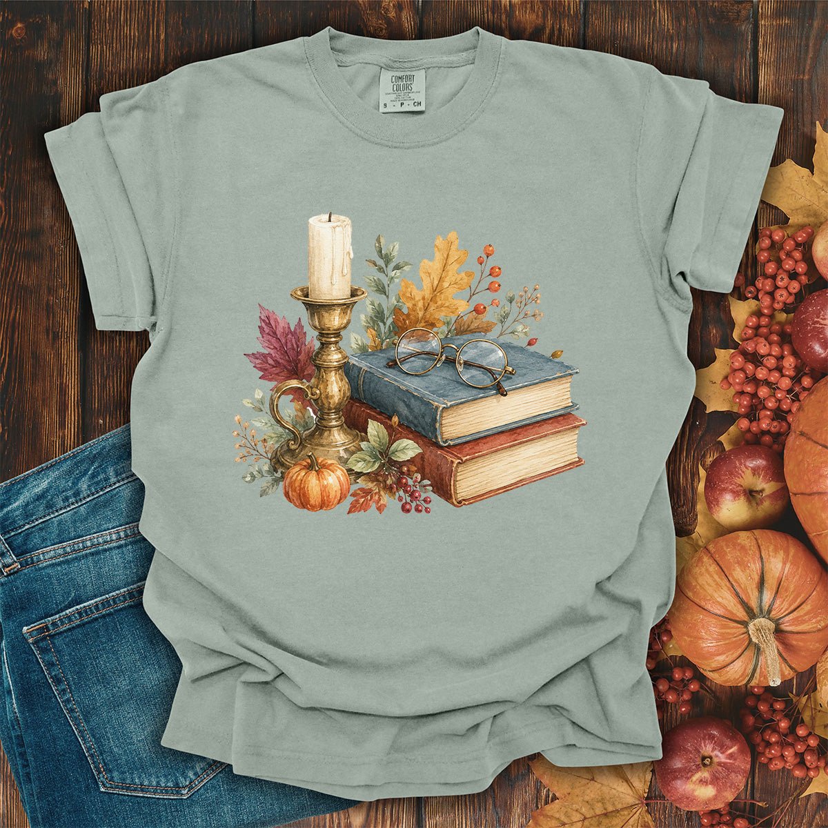 Vintage Autumn Books & Candle T-Shirt