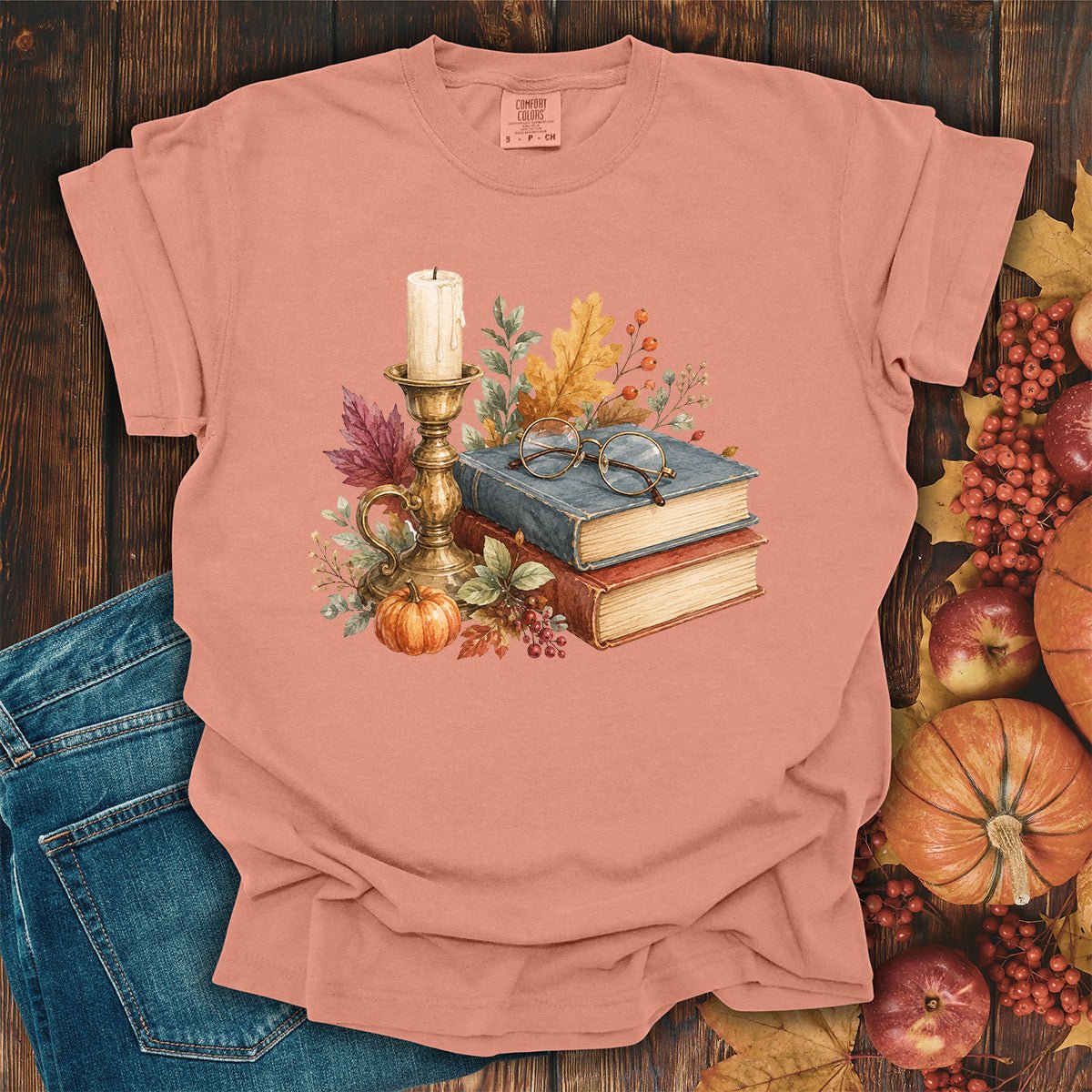 Vintage Autumn Books & Candle T-Shirt