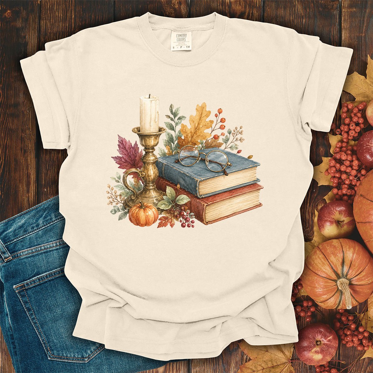 Vintage Autumn Books & Candle T-Shirt