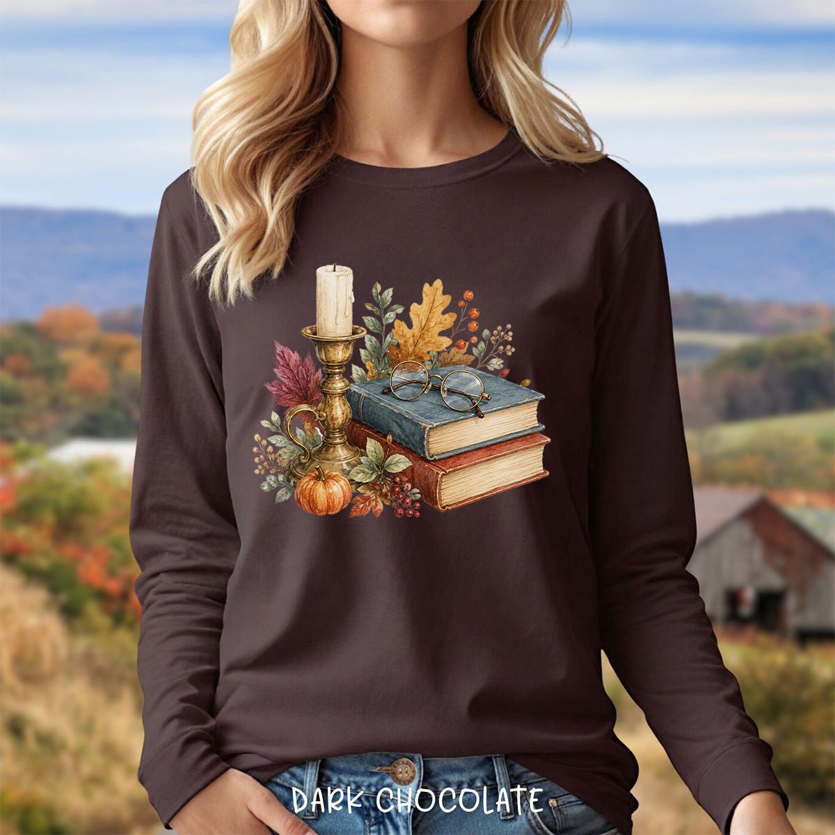 Vintage Autumn Books & Candle Long Sleeve Tee