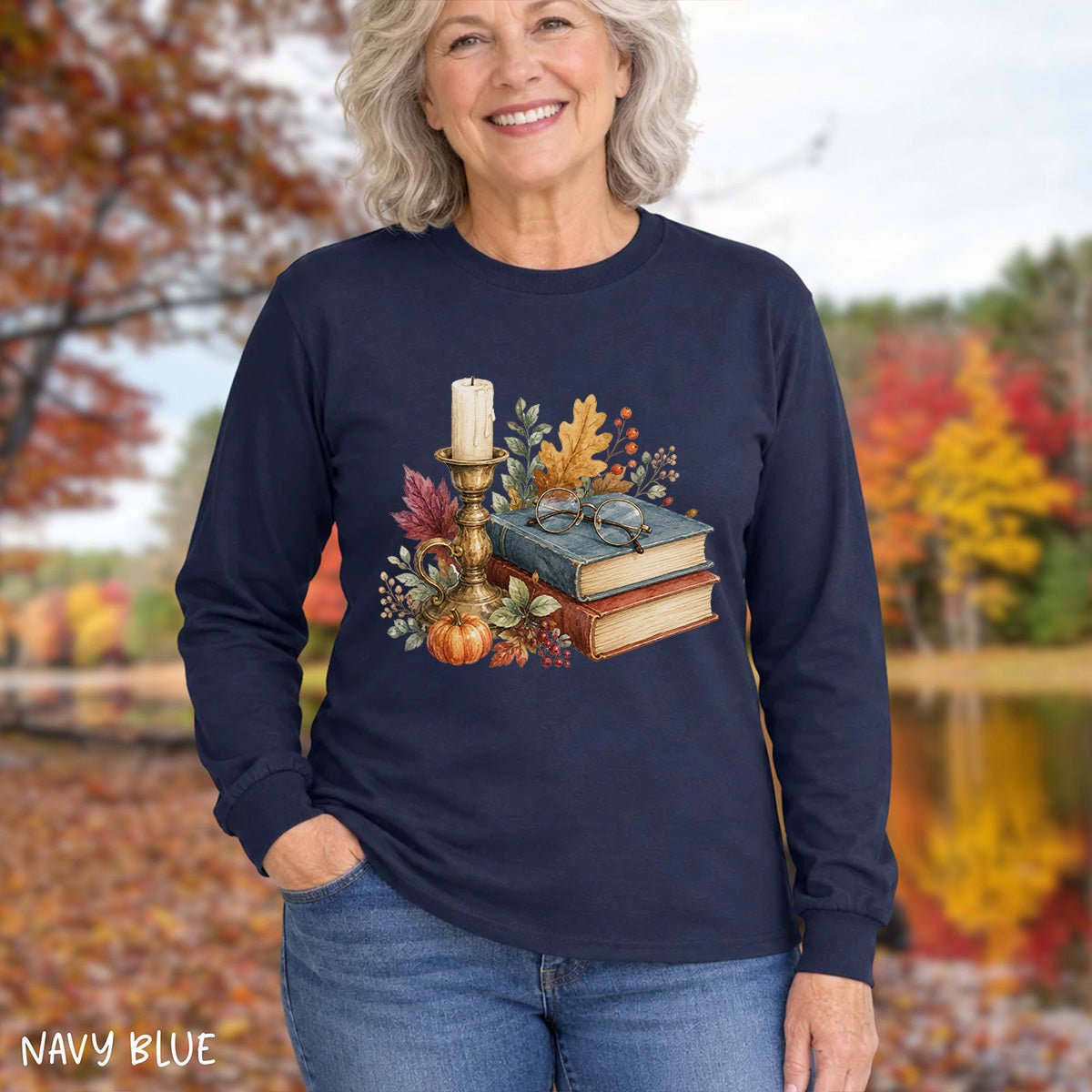 Vintage Autumn Books & Candle Long Sleeve Tee
