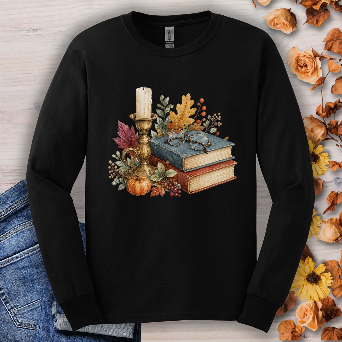 Vintage Autumn Books & Candle Long Sleeve Tee