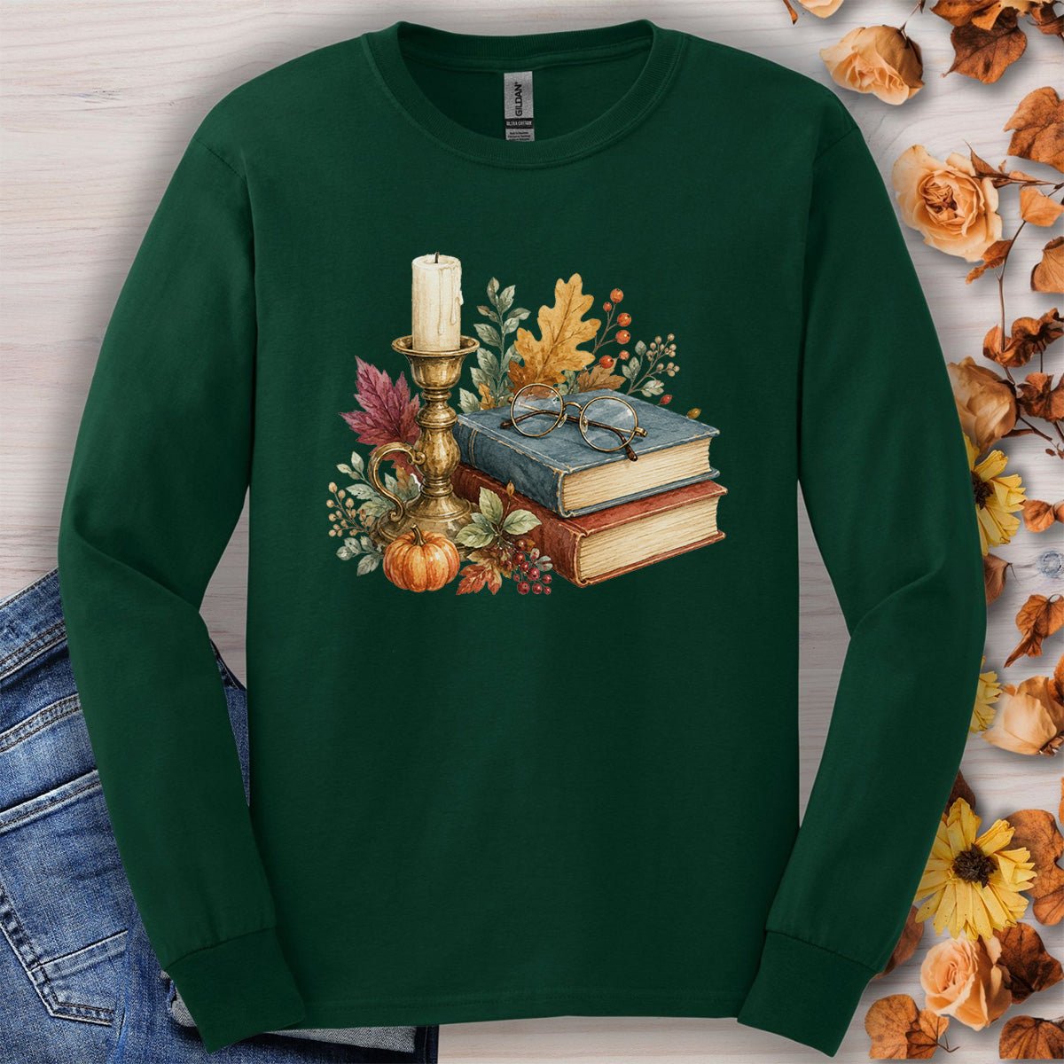 Vintage Autumn Books & Candle Long Sleeve Tee