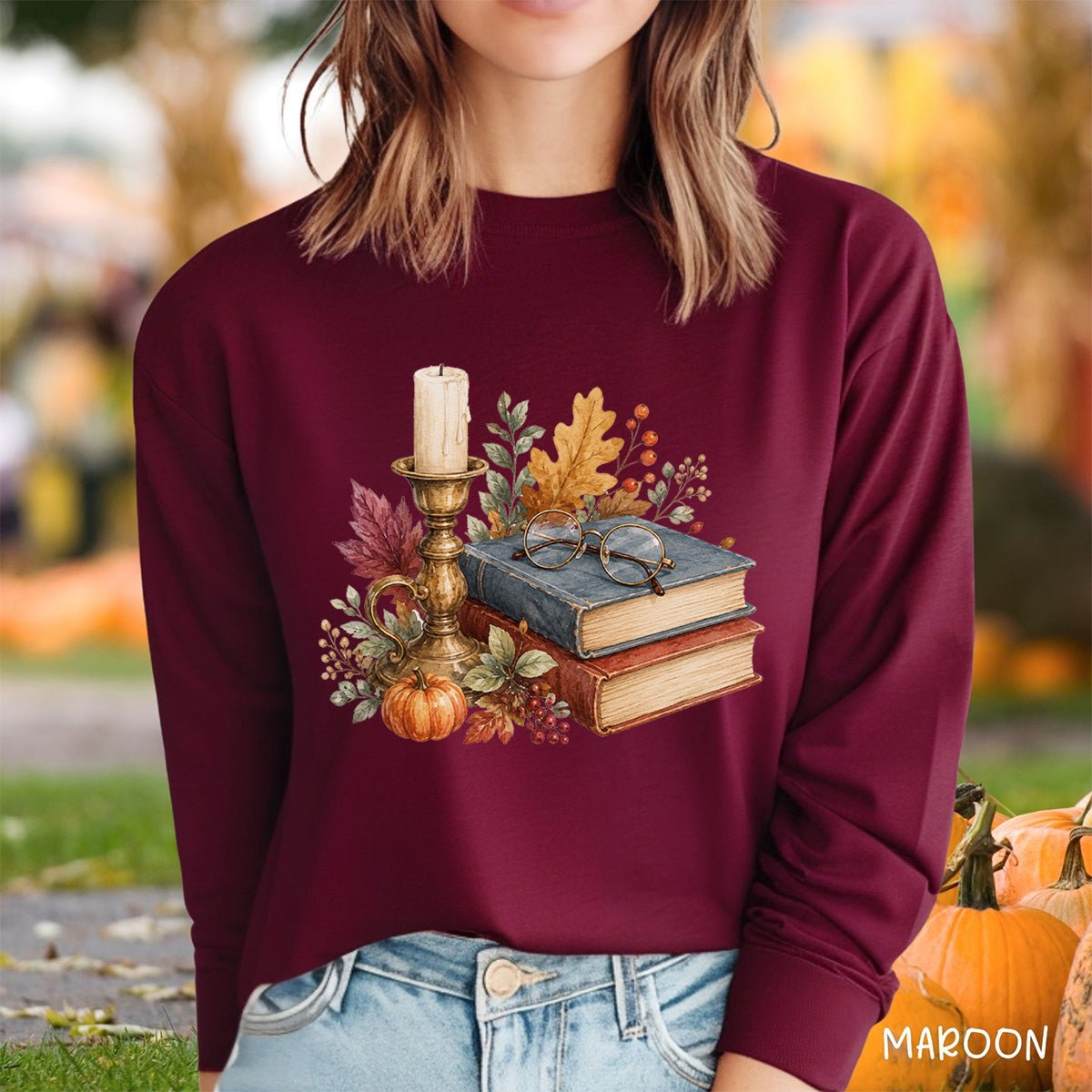 Vintage Autumn Books & Candle Long Sleeve Tee