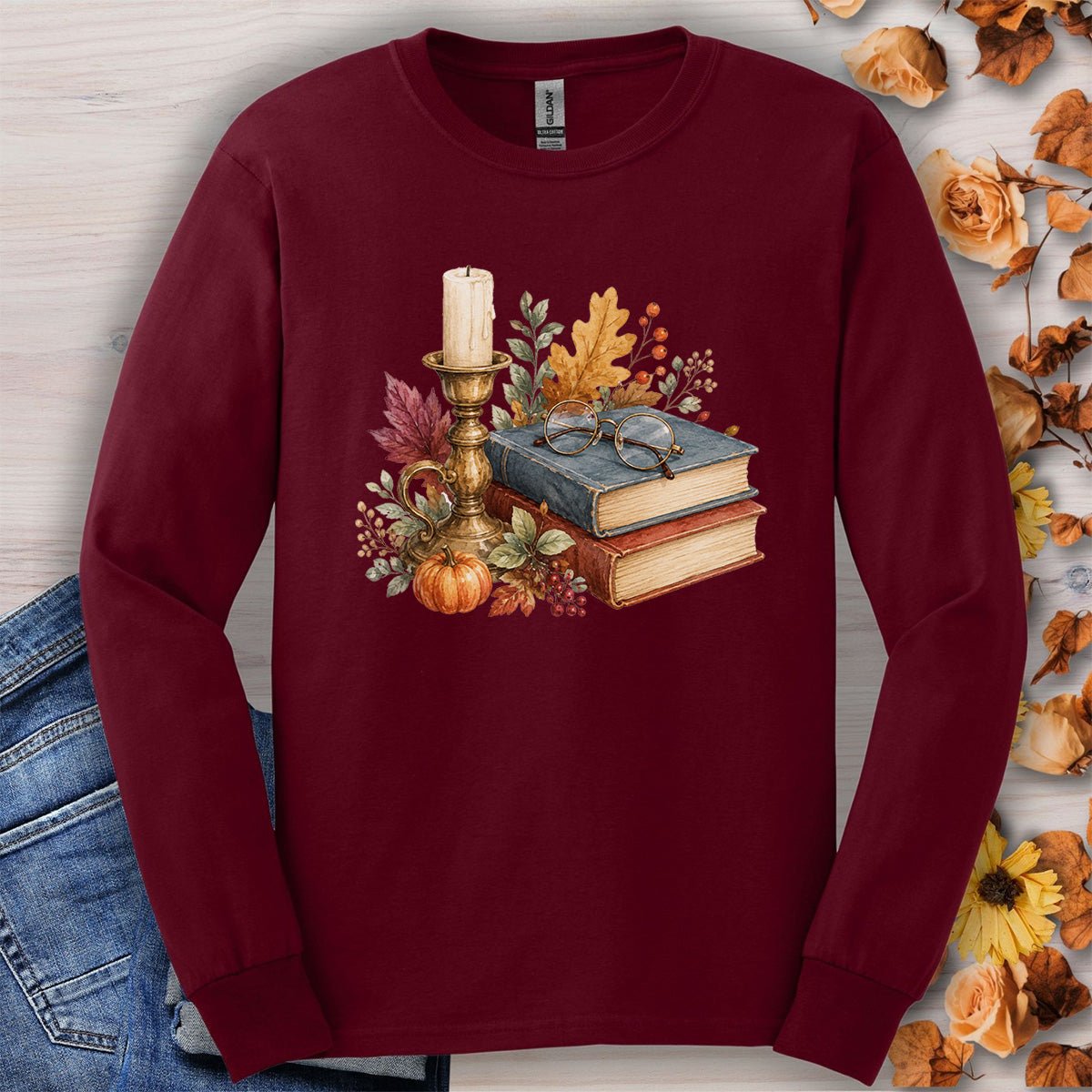 Vintage Autumn Books & Candle Long Sleeve Tee