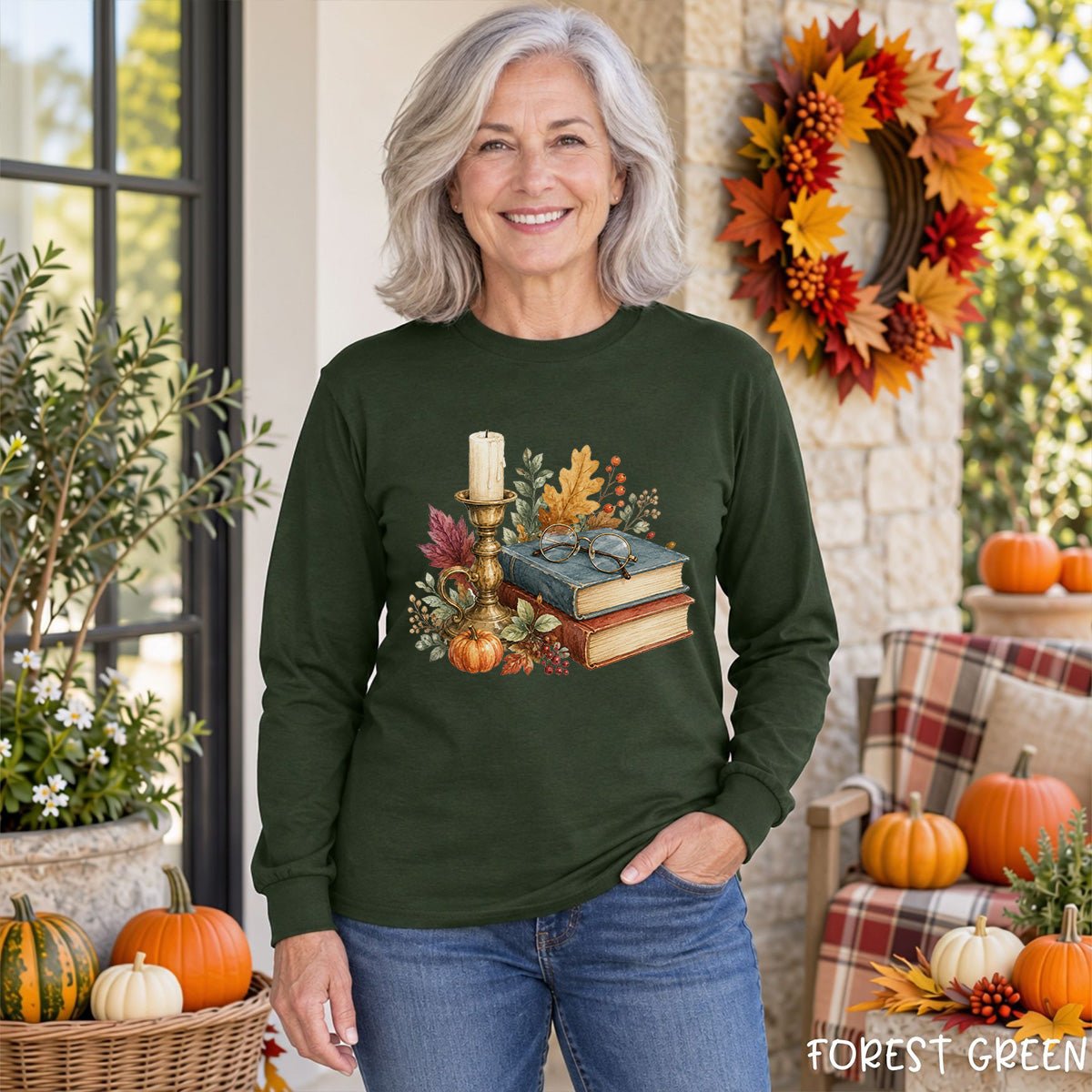 Vintage Autumn Books & Candle Long Sleeve Tee