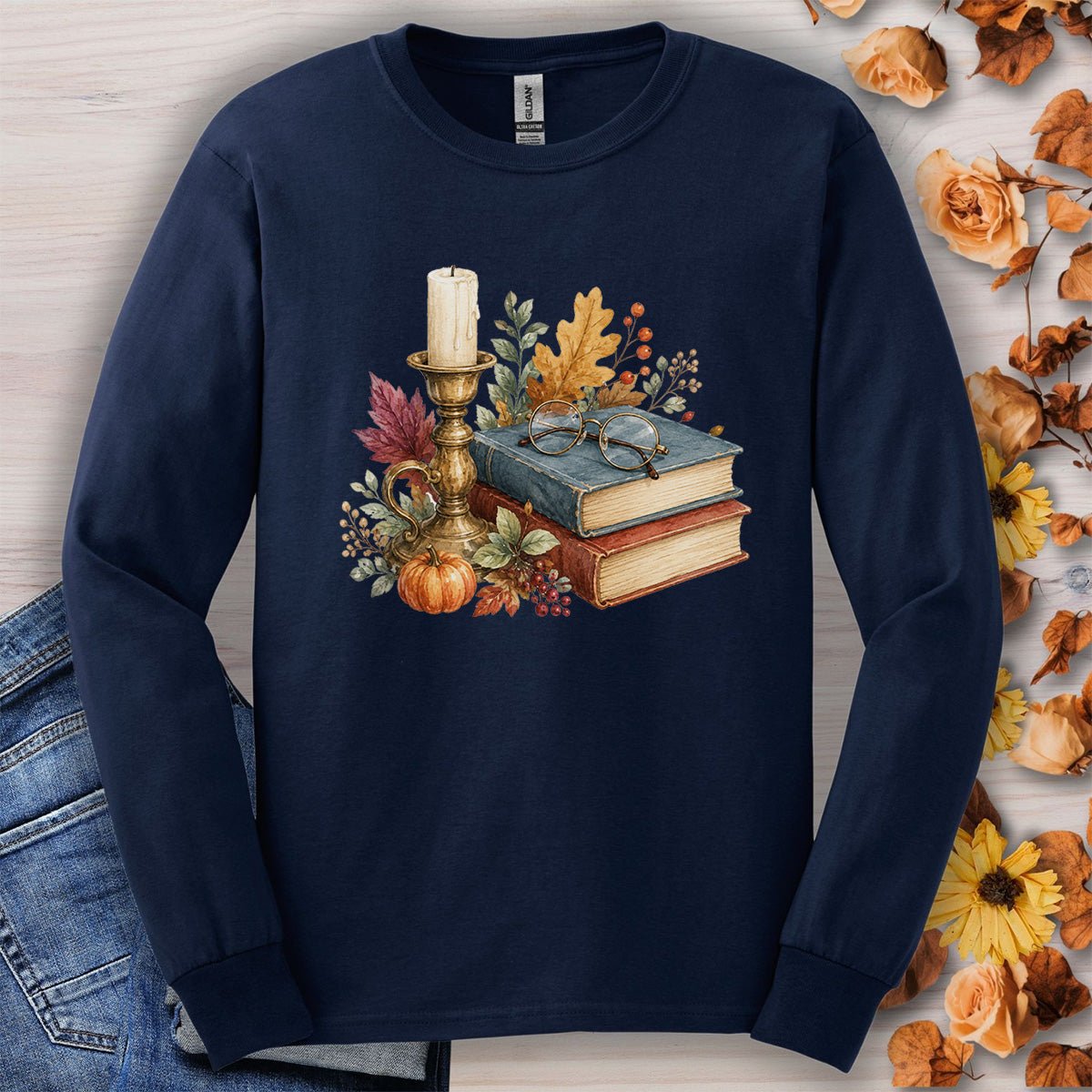 Vintage Autumn Books & Candle Long Sleeve Tee