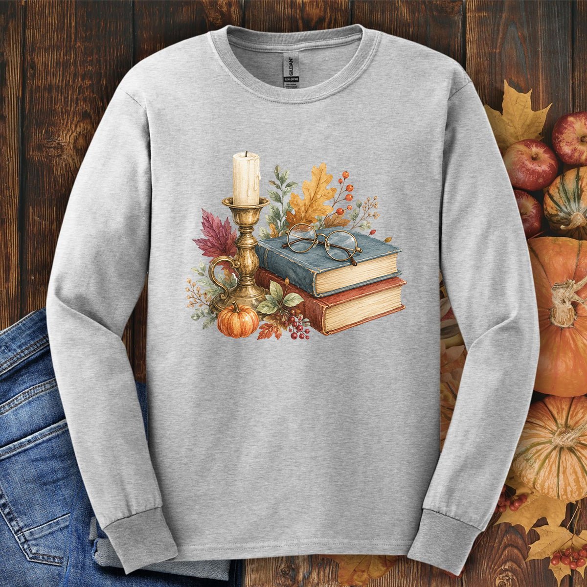 Vintage Autumn Books & Candle Long Sleeve Tee
