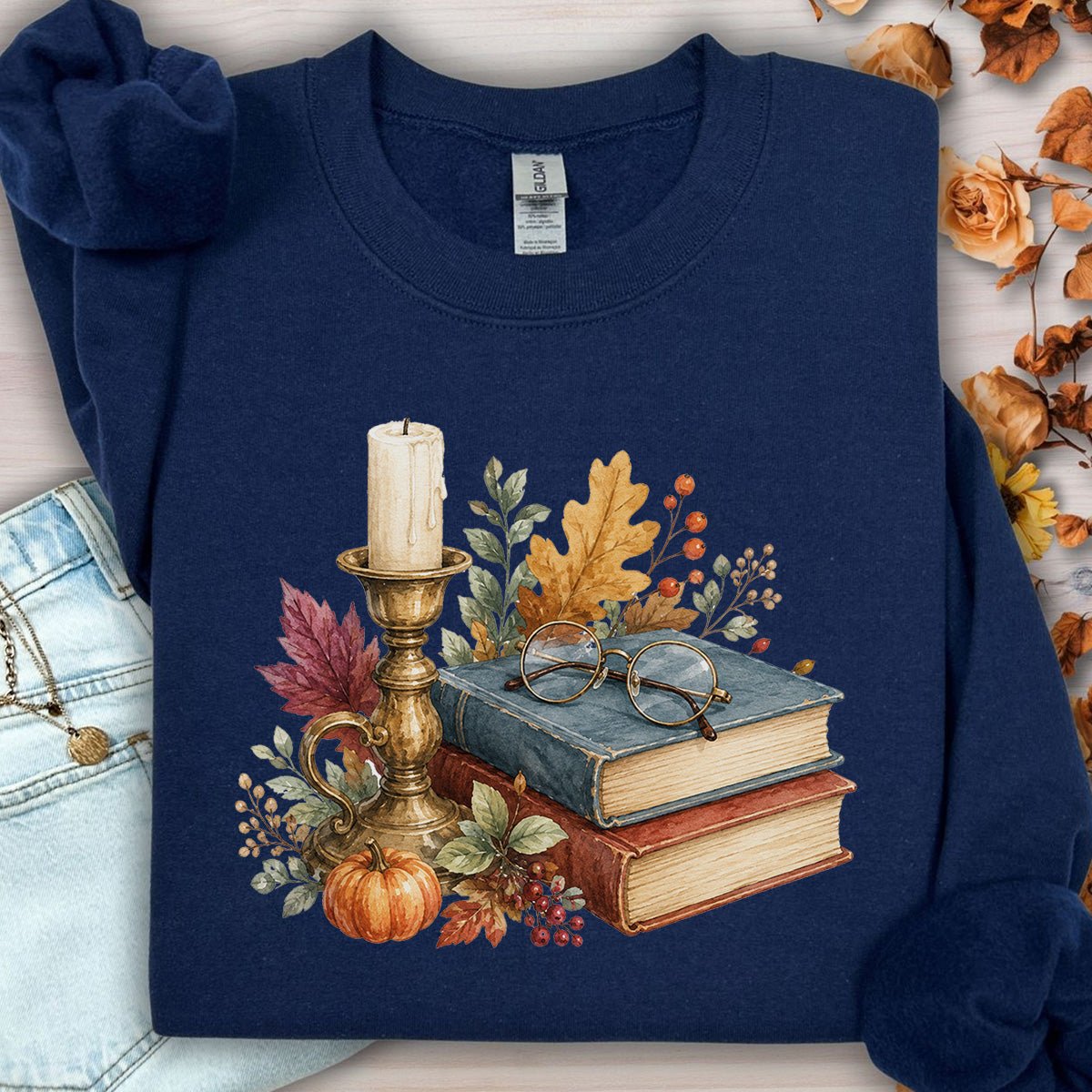 Vintage Autumn Books & Candle Sweatshirt