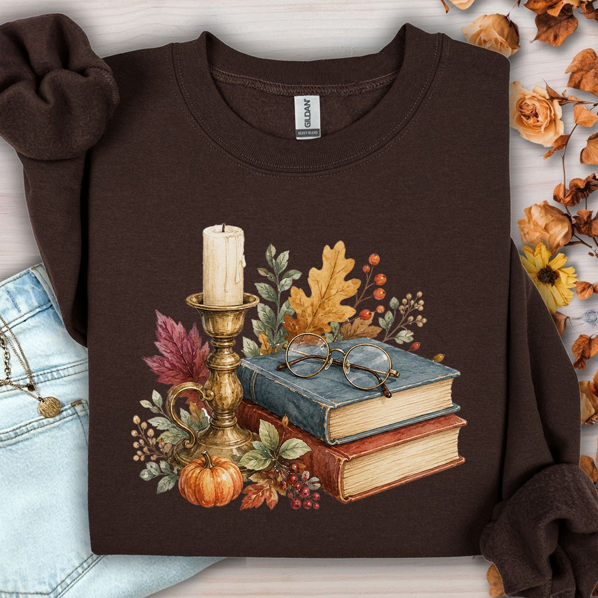Vintage Autumn Books & Candle Sweatshirt