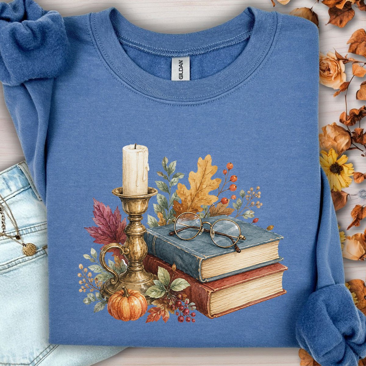 Vintage Autumn Books & Candle Sweatshirt