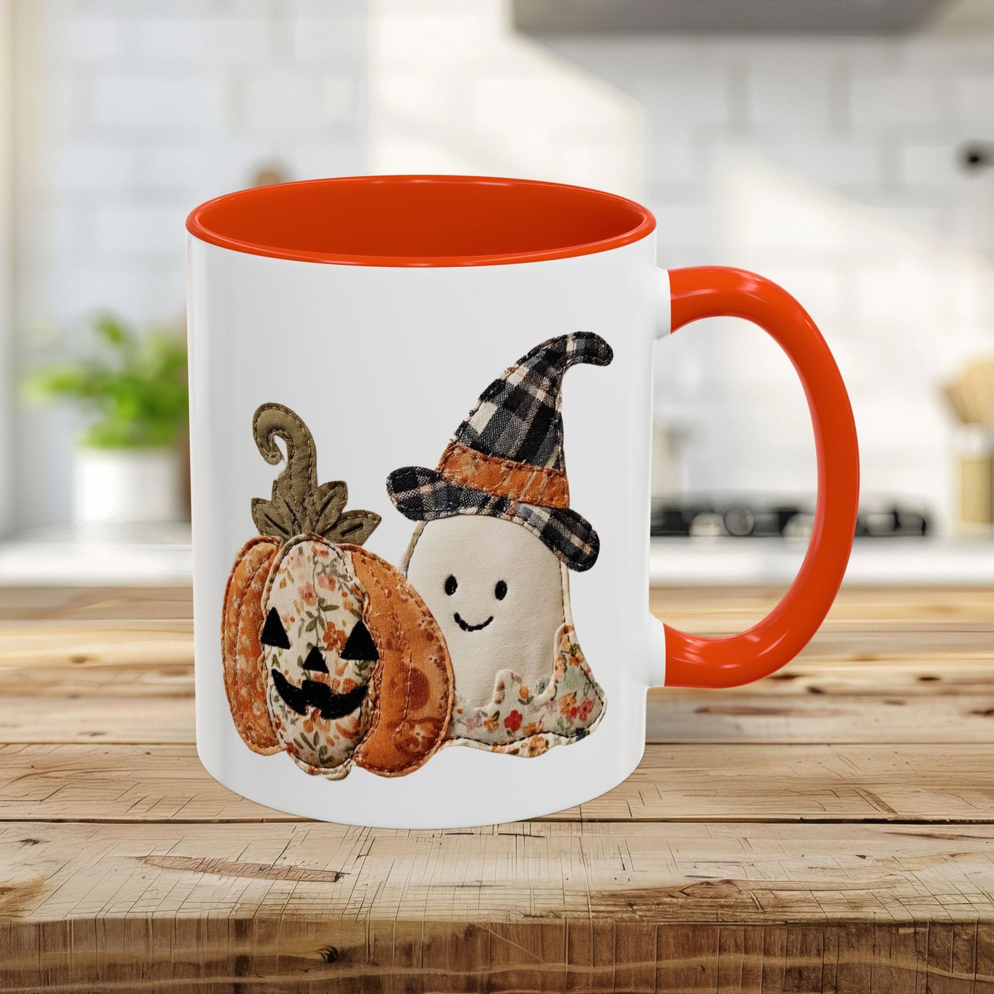 Patchwork Halloween Ghost & Jack-O'-Lantern Mug (11oz/15oz)