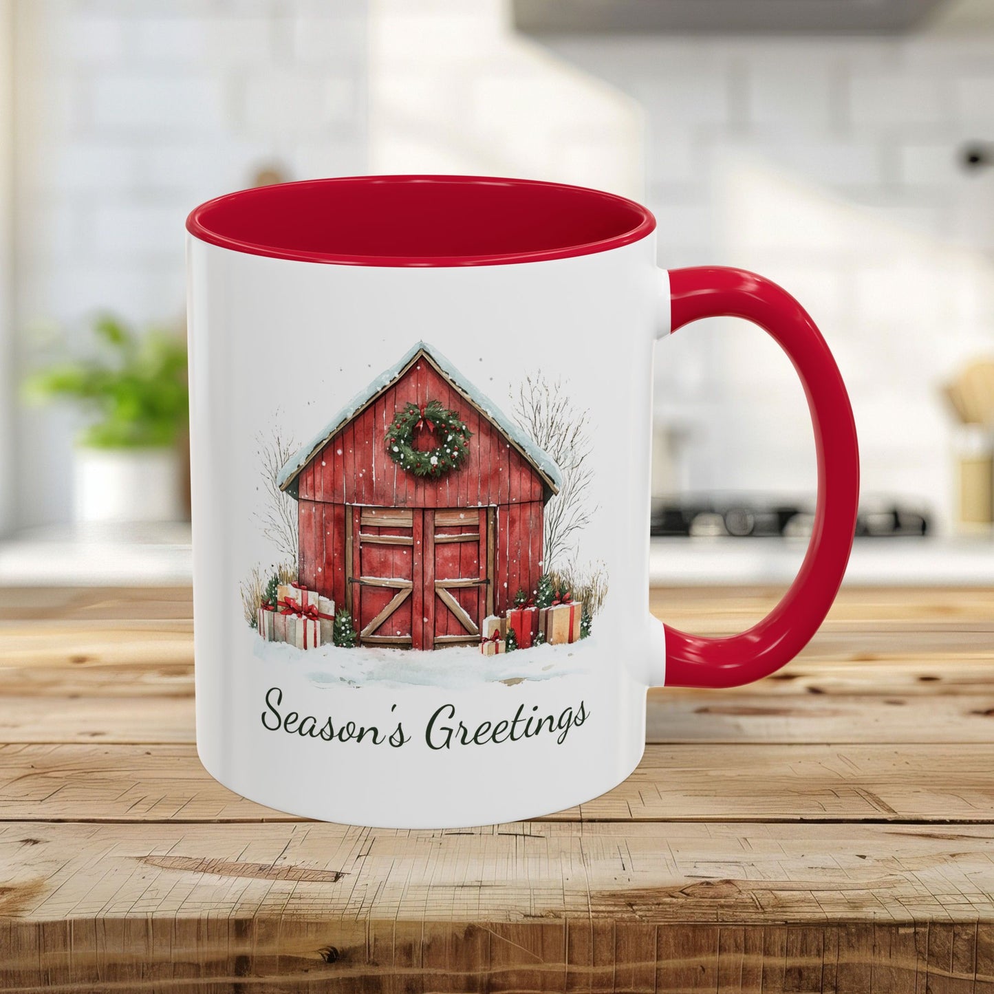 Snowy Christmas Red Barn with Gifts Mug (11/15oz)