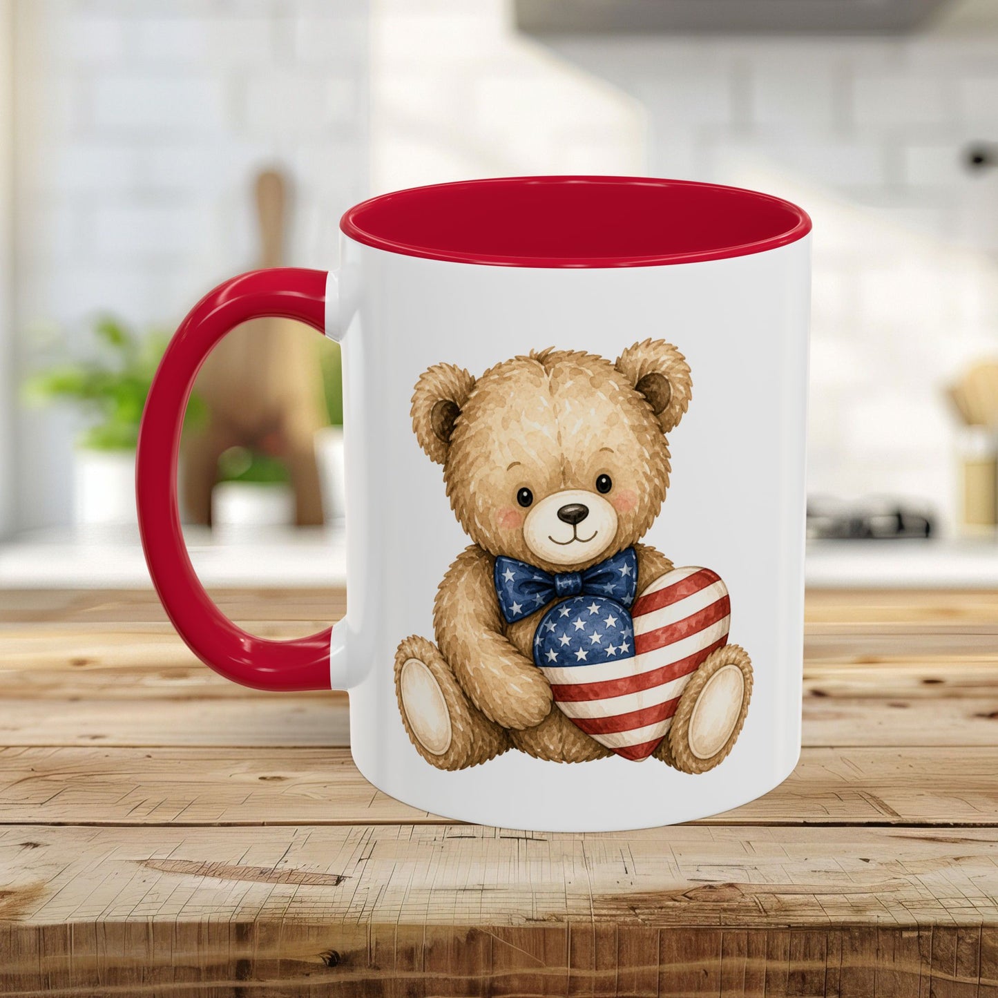 Patriotic Teddy Bear with American Flag Heart Mug (11/15oz)