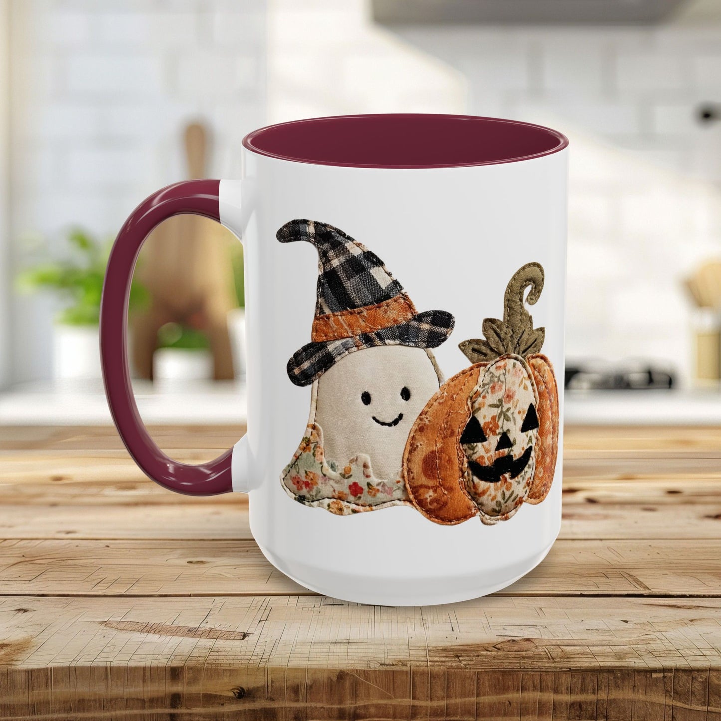 Patchwork Halloween Ghost & Jack-O'-Lantern Mug (11oz/15oz)