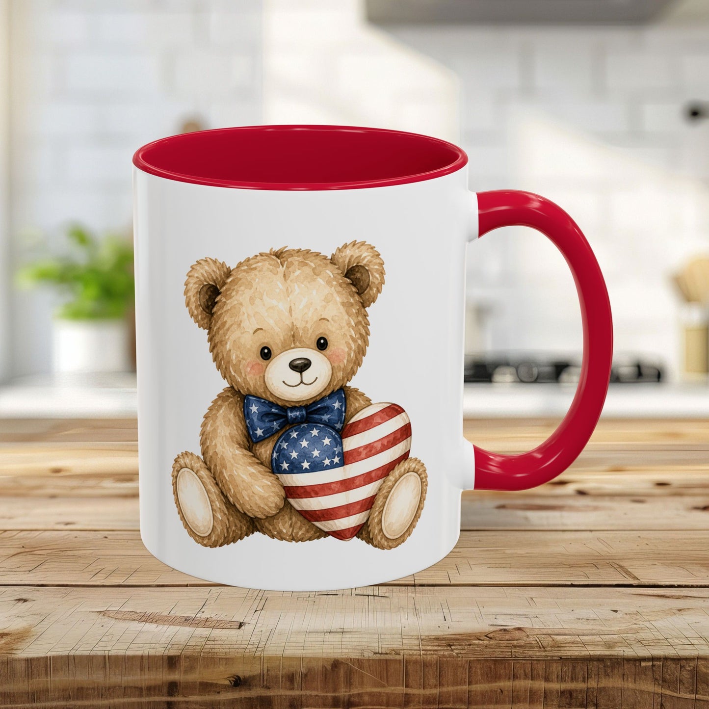 Patriotic Teddy Bear with American Flag Heart Mug (11/15oz)