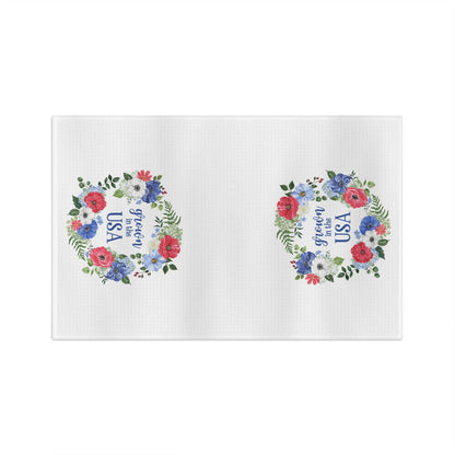Grown in the USA Patriotic Floral Wreath Tea Towel
