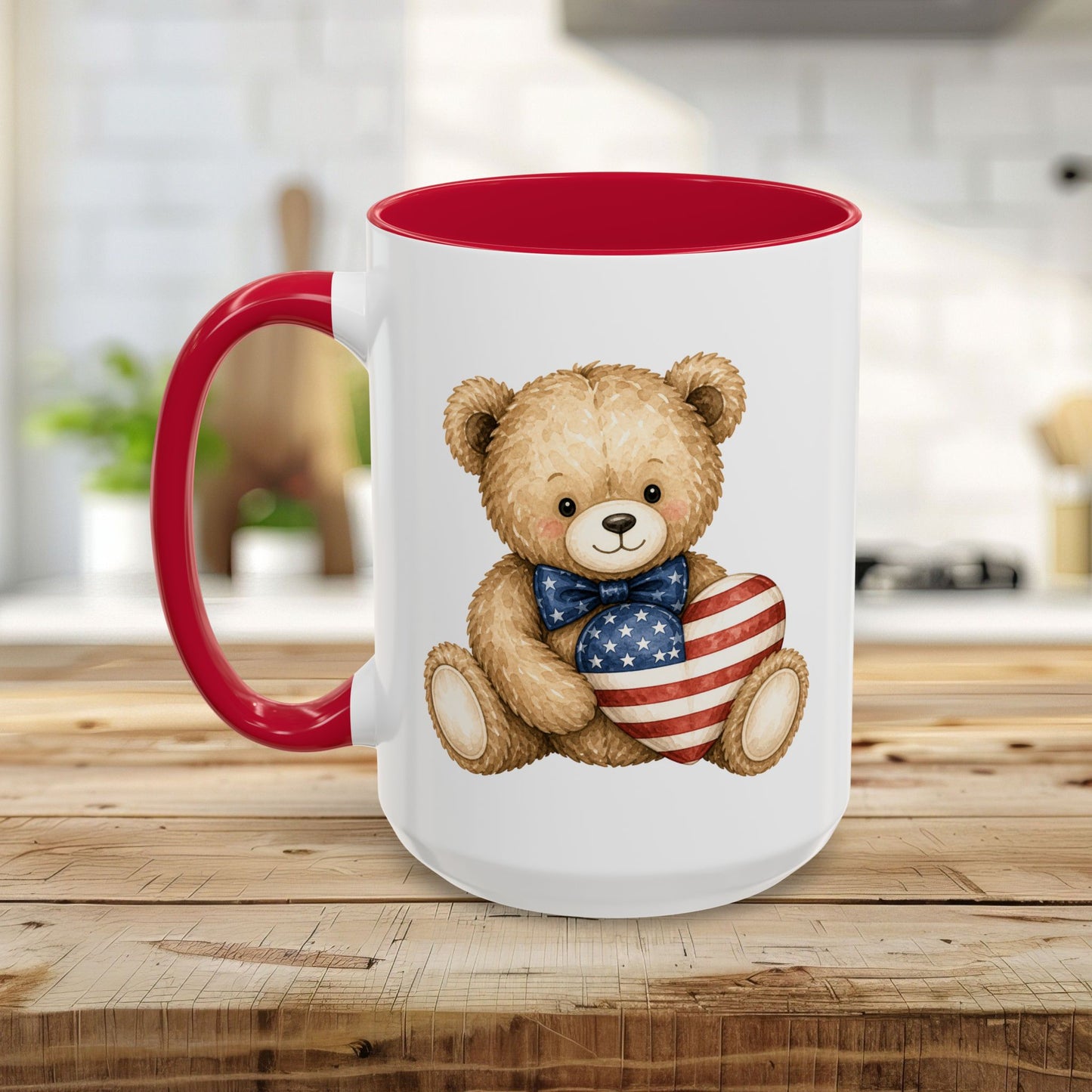 Patriotic Teddy Bear with American Flag Heart Mug (11/15oz)