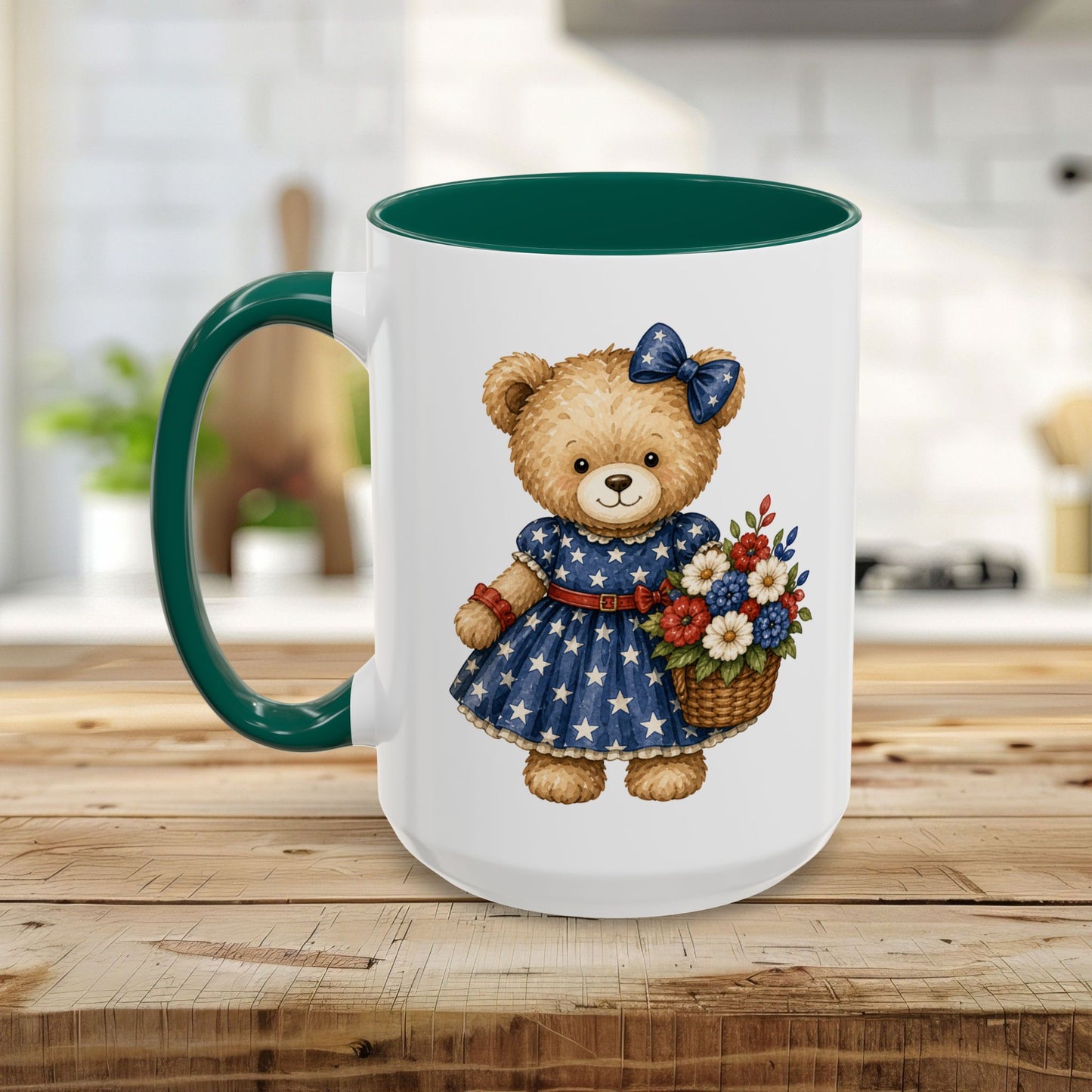 Patriotic Teddy Bear Girl with Floral Basket Mug (11/15oz)