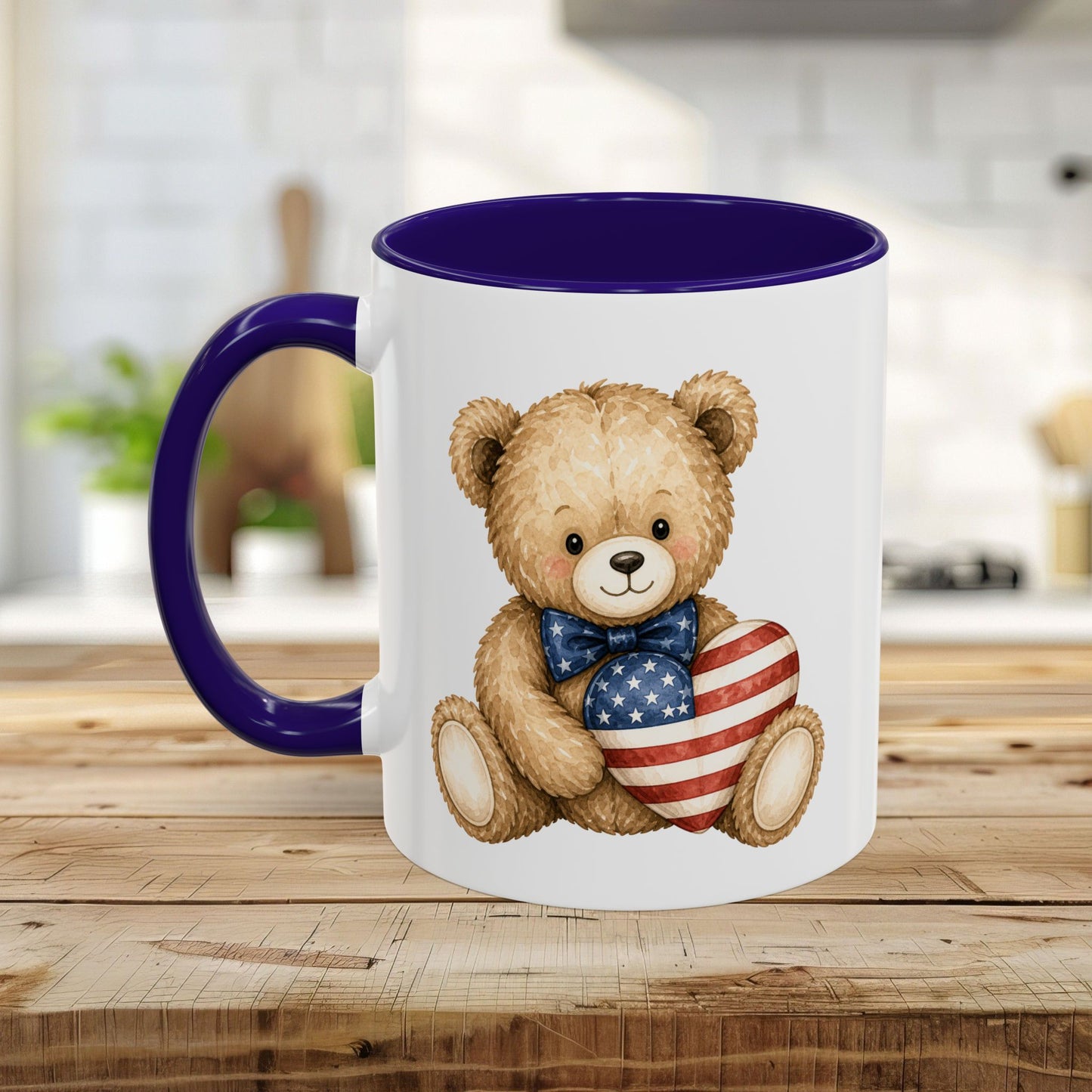 Patriotic Teddy Bear with American Flag Heart Mug (11/15oz)