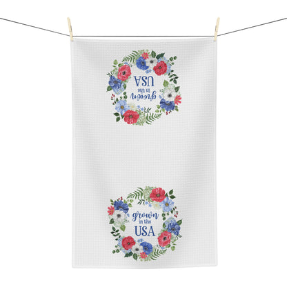 Grown in the USA Patriotic Floral Wreath Tea Towel