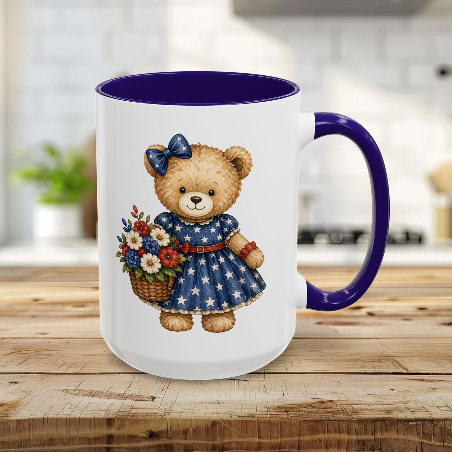 Patriotic Teddy Bear Girl with Floral Basket Mug (11/15oz)