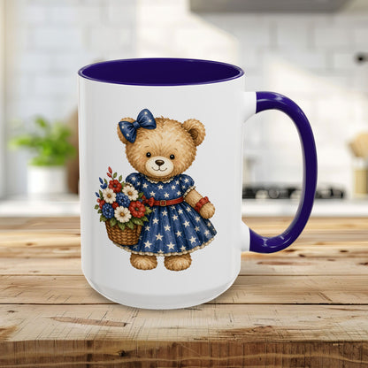 Patriotic Teddy Bear Girl with Floral Basket Mug (11/15oz)
