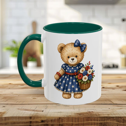 Patriotic Teddy Bear Girl with Floral Basket Mug (11/15oz)