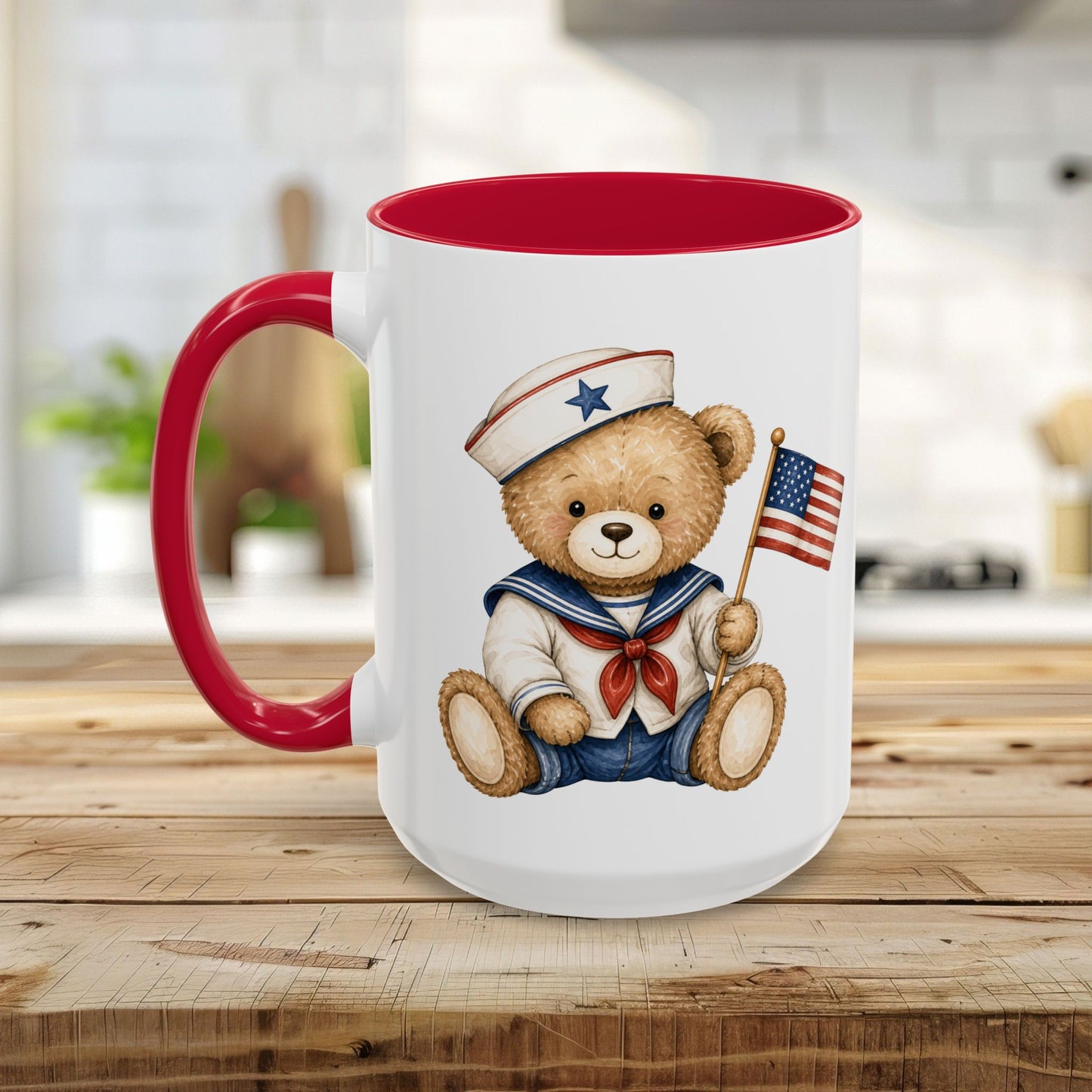 Patriotic Teddy Bear Sailor with Flag Mug (11/15oz)