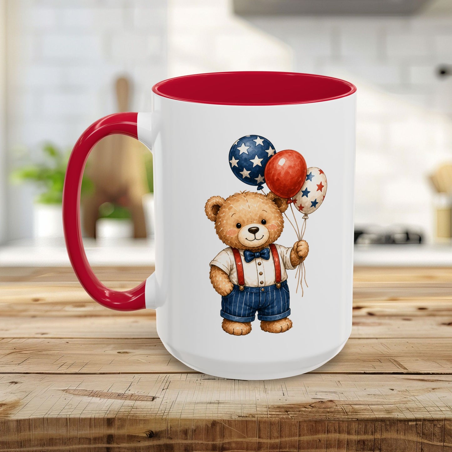 Patriotic Teddy Bear with Star Balloons Mug (11/15oz)